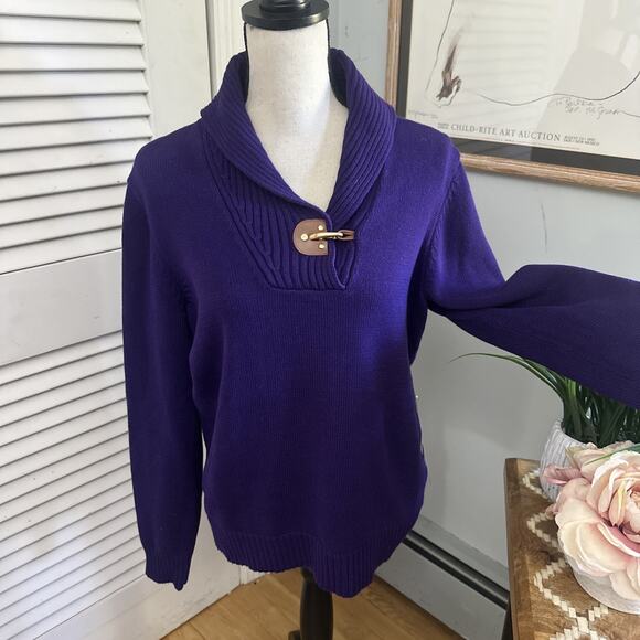 LAUREN RALPH LAUREN Womens Sweater XL Purple Shawl Neck Pullover Preppy Classic - Picture 1 of 16